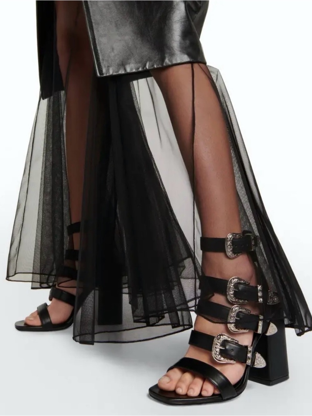 Paris Texas Black Leather Buckle-Strap Block Heel Sandals